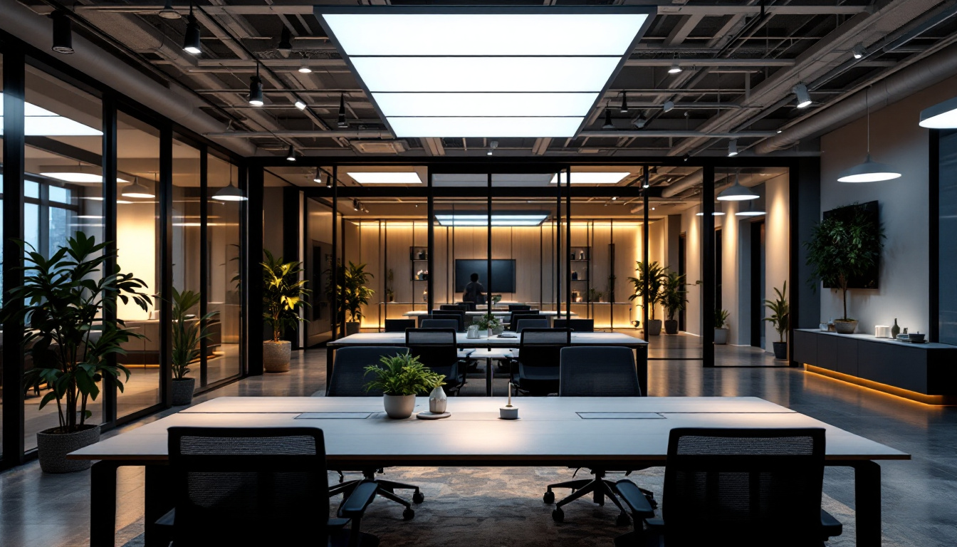A photograph of a modern office space illuminated by sleek flat panel led 2x4 lights