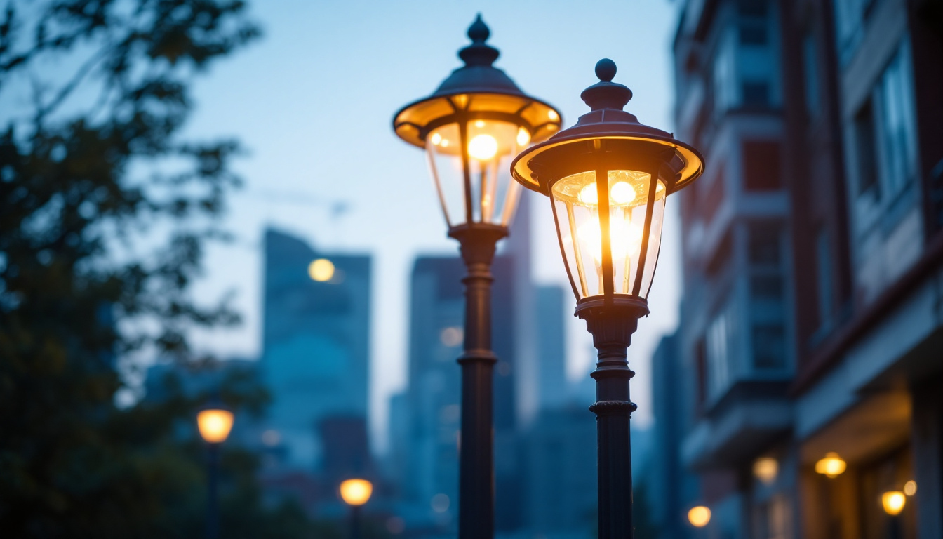A photograph of a well-lit lamp pole in an urban setting