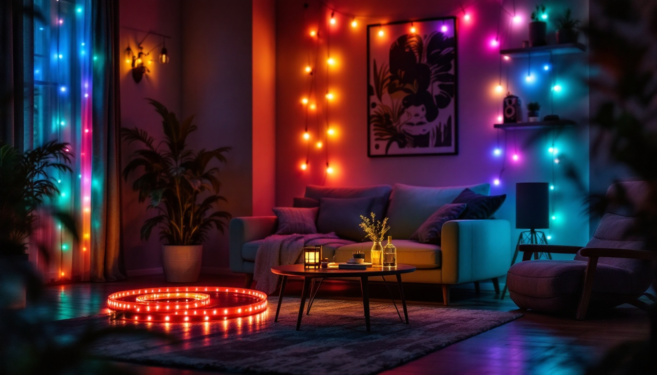 A photograph of a beautifully arranged led strip light kit in a dimly lit room