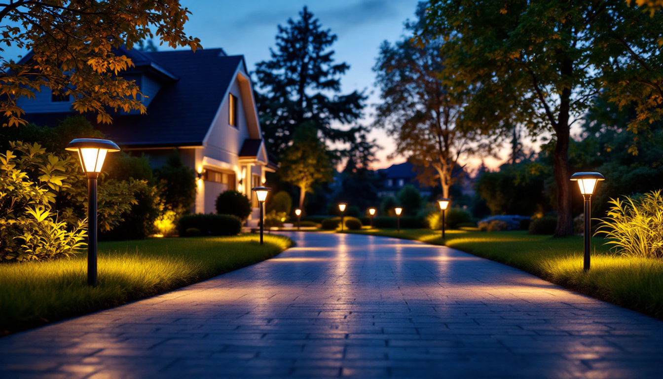 A photograph of a beautifully illuminated driveway at dusk