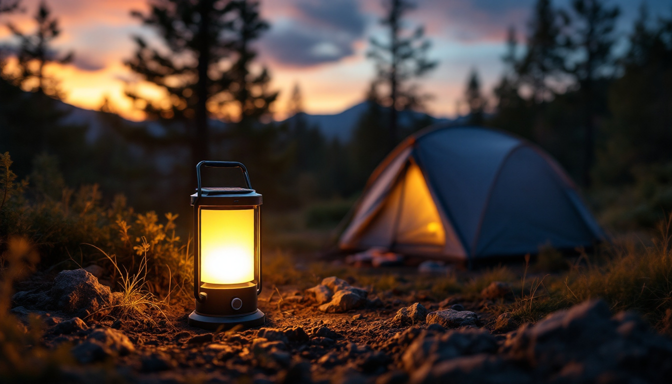 A photograph of a solar-powered camping lamp illuminating a cozy campsite at dusk