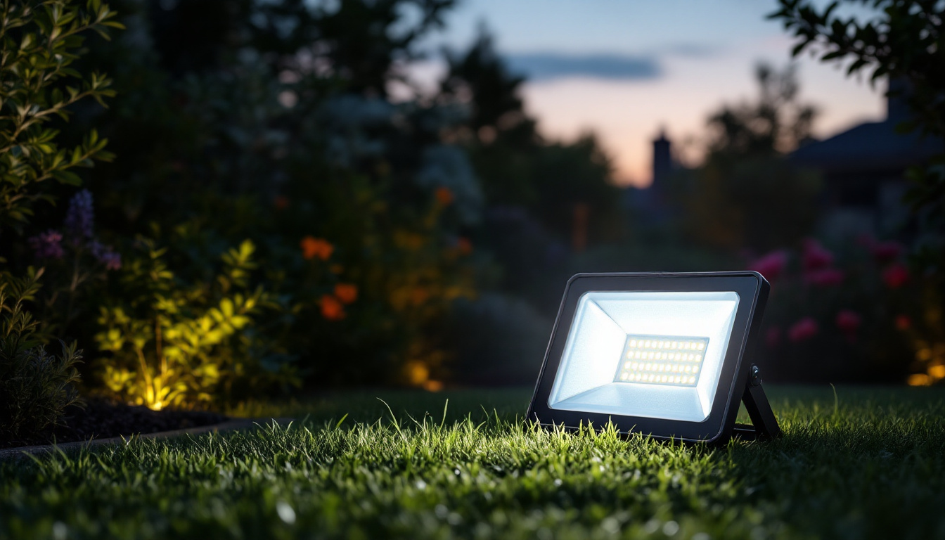 A photograph of a solar led flood light illuminating a garden or outdoor space at dusk