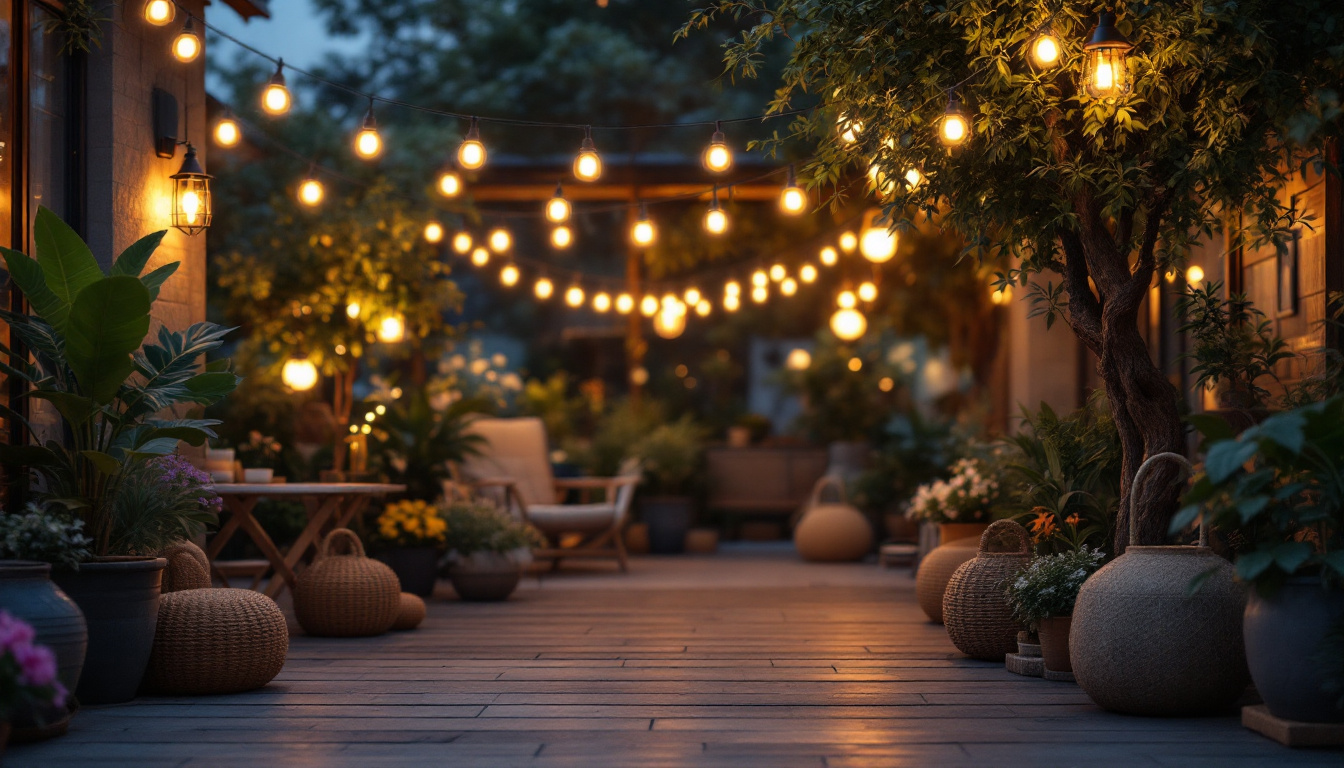 A photograph of capture a photograph of a beautifully illuminated outdoor space featuring various shop lights creatively arranged among plants and decorative elements