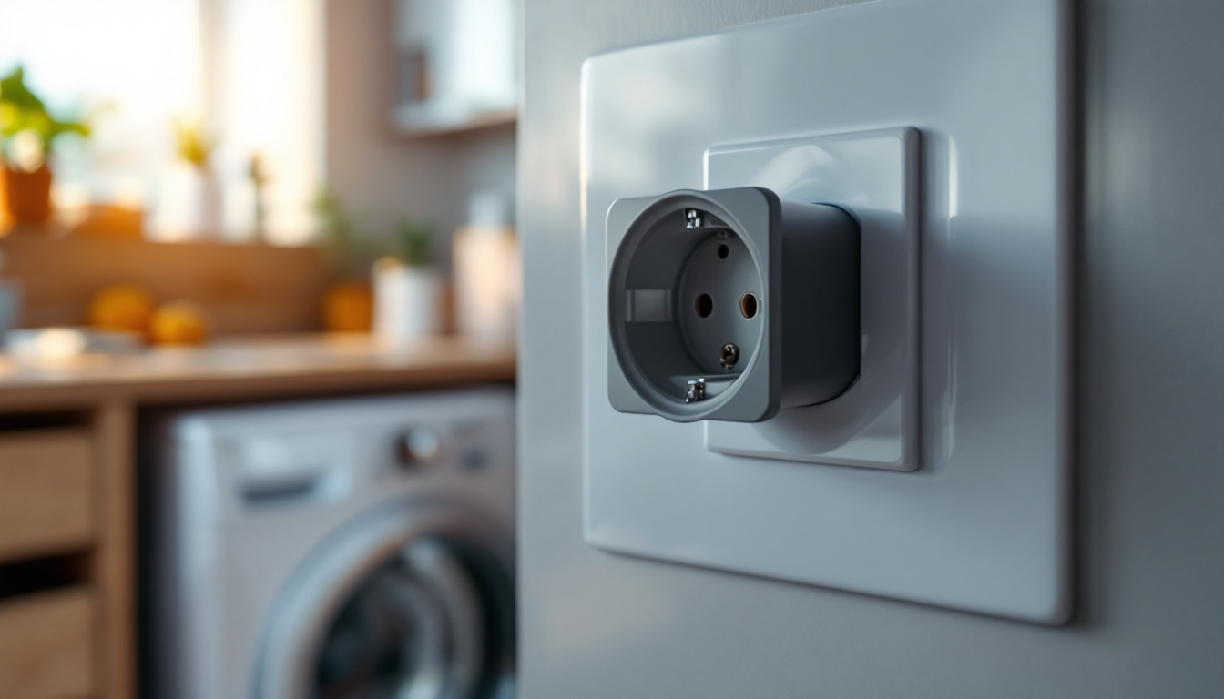A photograph of a close-up of a dryer wall socket
