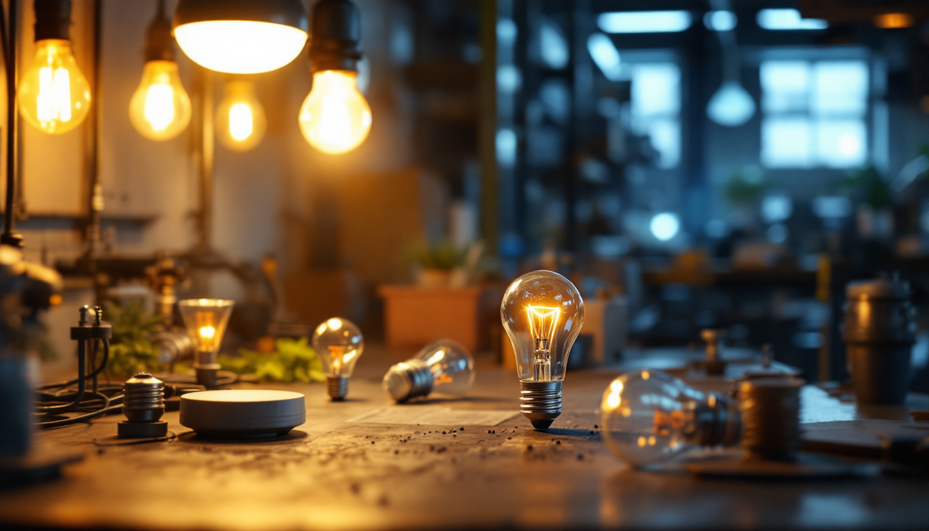 A photograph of a well-lit industrial workspace featuring various types of led light bulbs in use