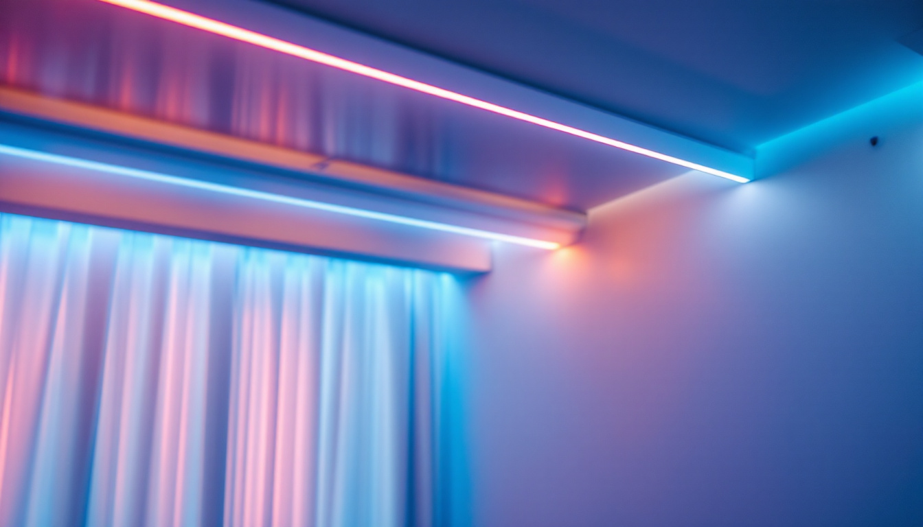 A photograph of a beautifully lit room featuring led strip lights installed along the ceiling
