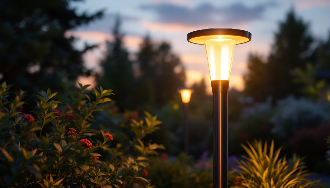A photograph of capture a photograph of a modern solar lamp post light fixture illuminating a beautifully landscaped outdoor space during twilight