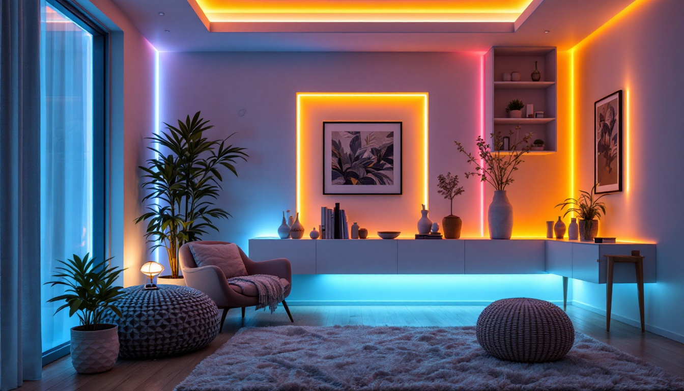 A photograph of a beautifully lit room featuring vibrant led strip lights accentuating architectural details and creating a cozy ambiance