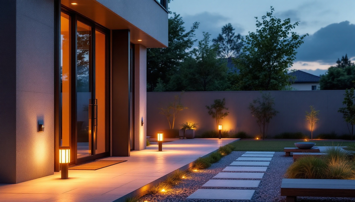 A photograph of a modern outdoor space illuminated by stylish solar light housings