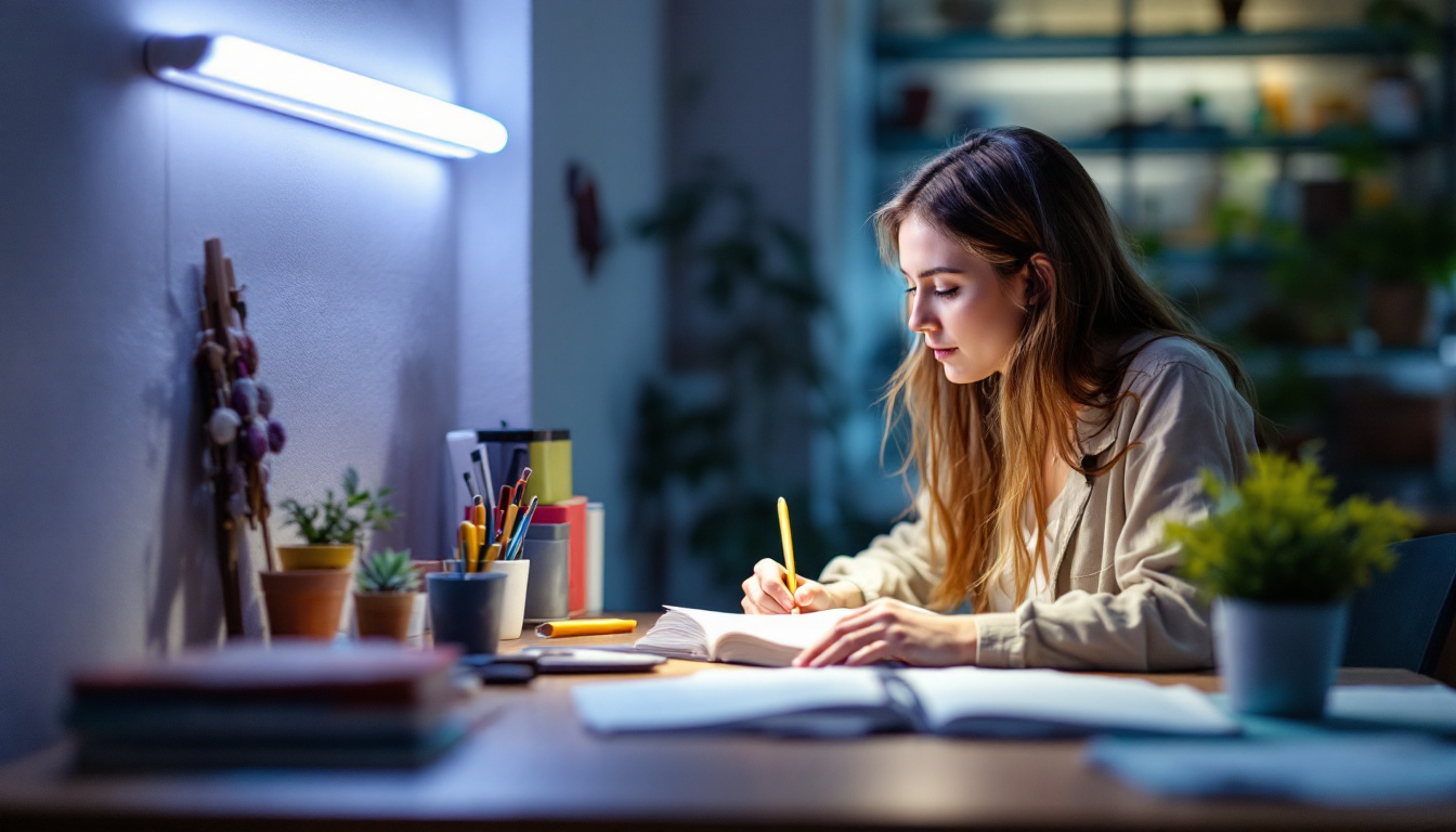 A photograph of a well-lit workspace featuring a t5 fluorescent tube in use