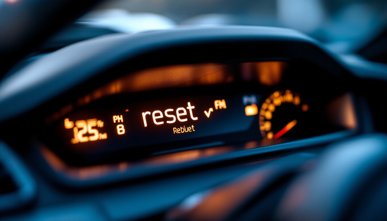 A photograph of a close-up of a car dashboard featuring the reset light illuminated