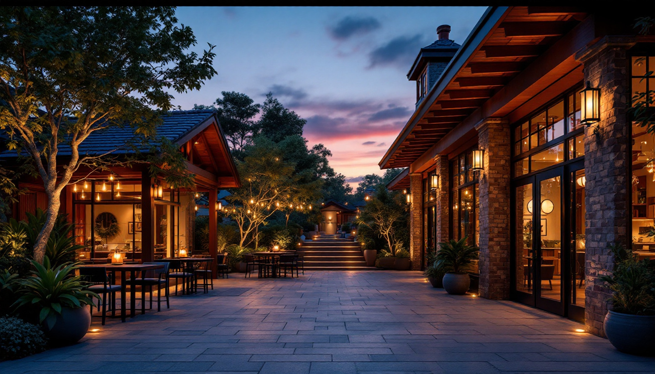 A photograph of a beautifully illuminated outdoor space at dusk