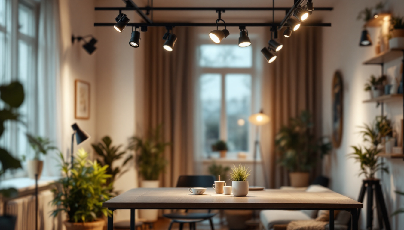 A photograph of a well-lit room showcasing various styles of track lights in use