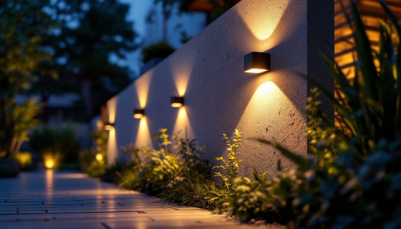 A photograph of a beautifully illuminated outdoor space featuring solar exterior wall lights in use