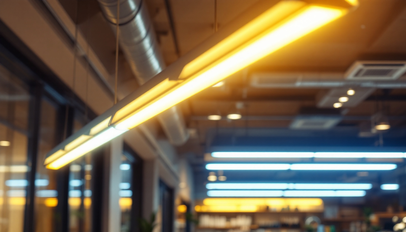 A photograph of a modern workspace or retail environment illuminated by vibrant fluorescent shop lights