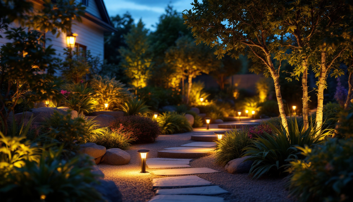 A photograph of a beautifully landscaped garden illuminated by solar-powered lights at dusk