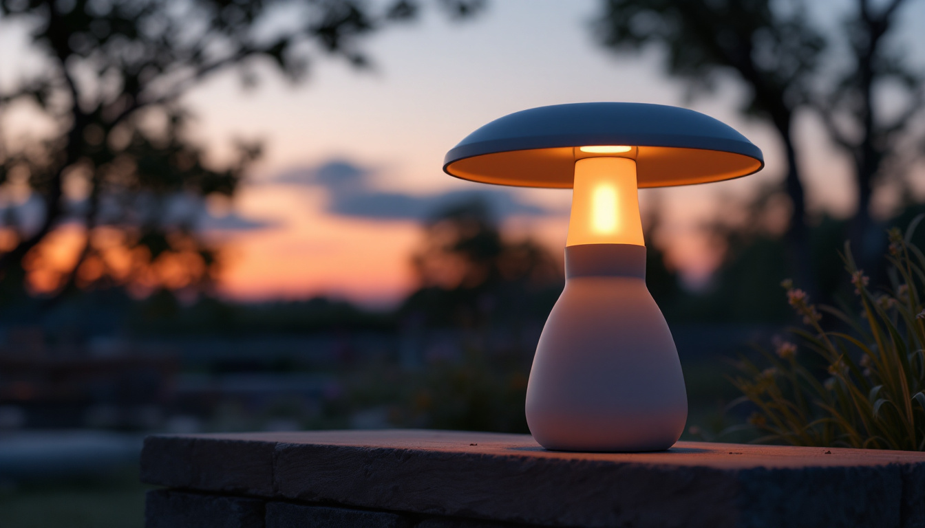 A photograph of a beautifully designed dusk till dawn lamp illuminating a serene outdoor setting at twilight