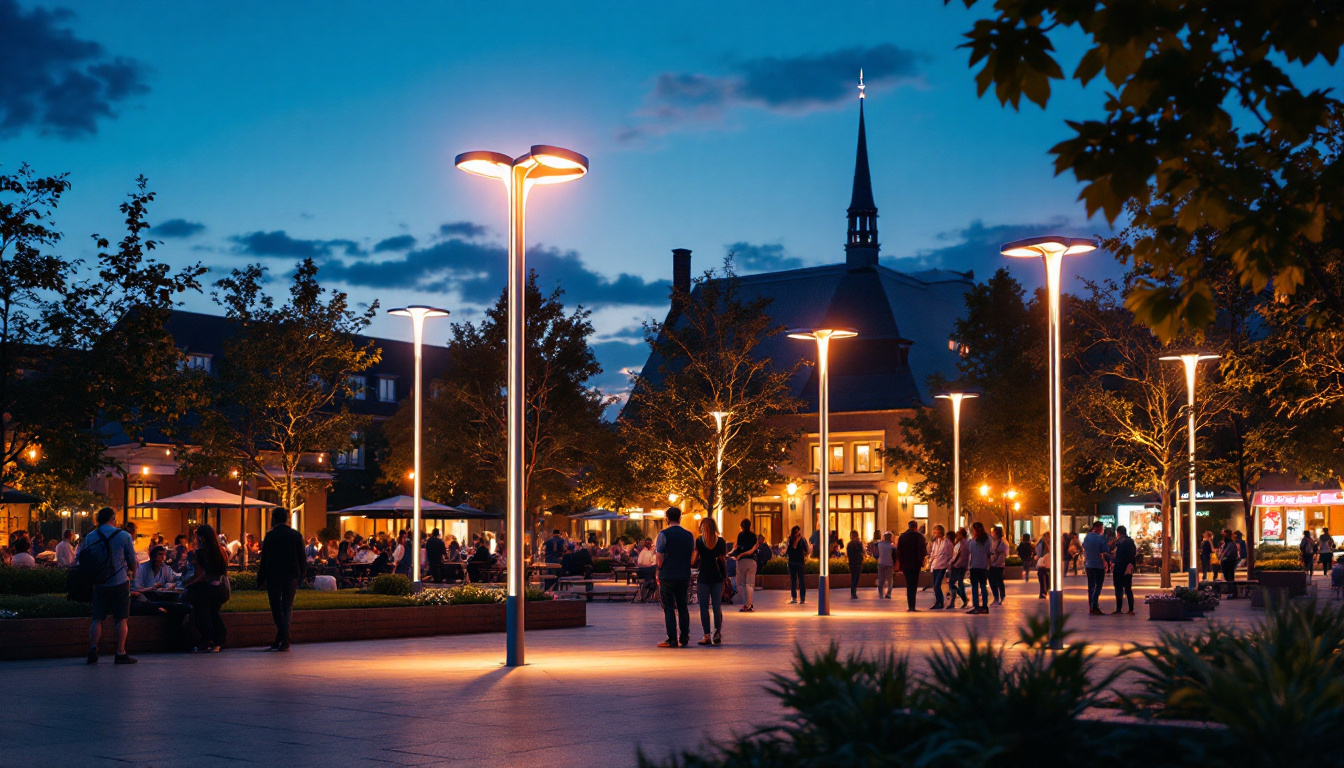 A photograph of a beautifully illuminated outdoor space featuring modern light poles