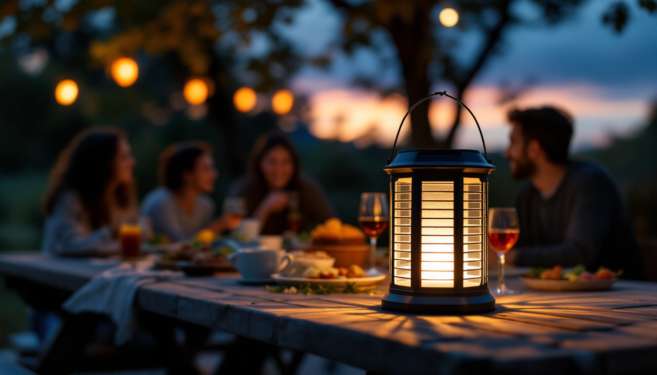 A photograph of a cozy outdoor setting at dusk