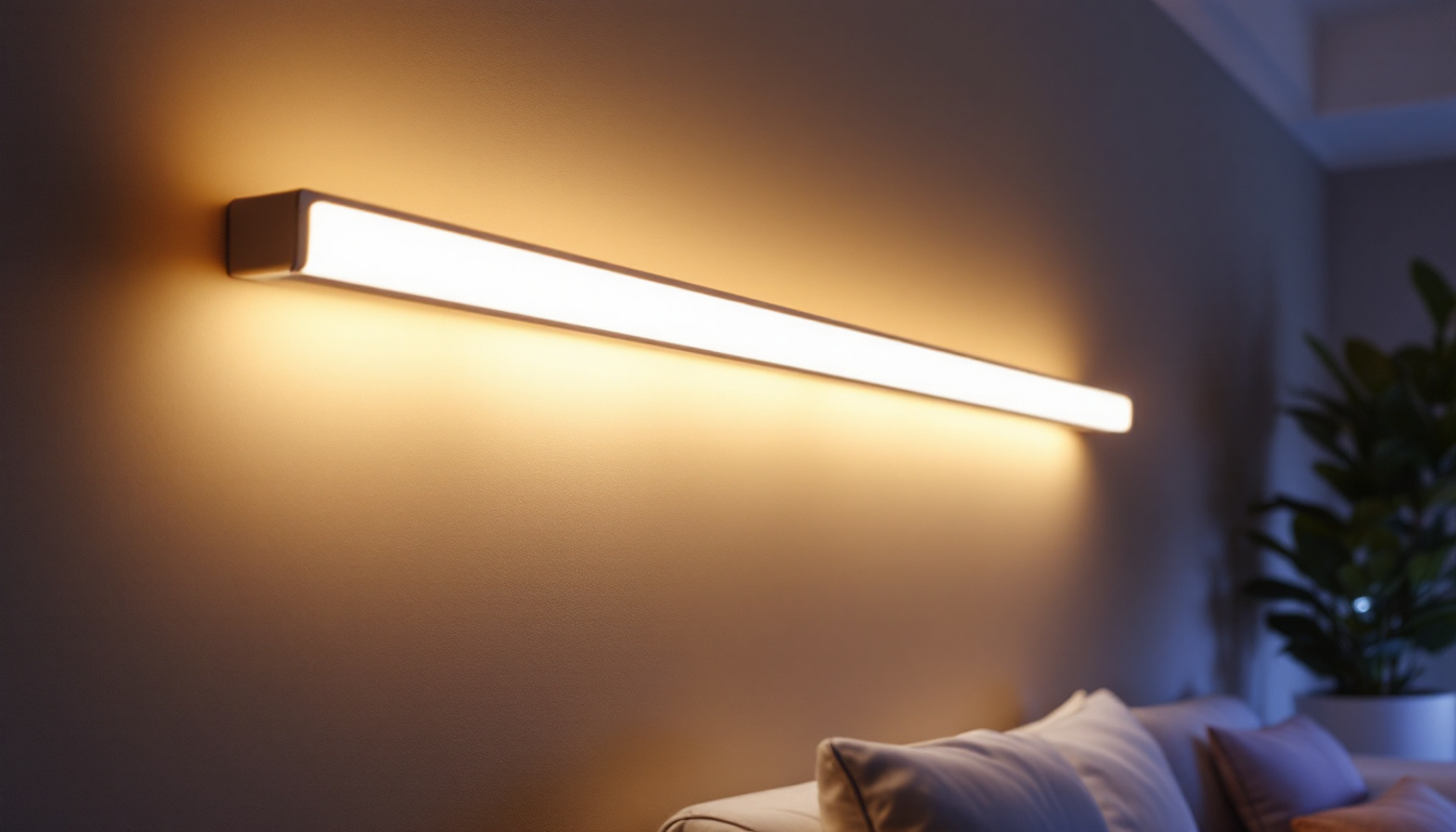A photograph of a sleek 4-foot led strip light fixture installed in a modern interior setting