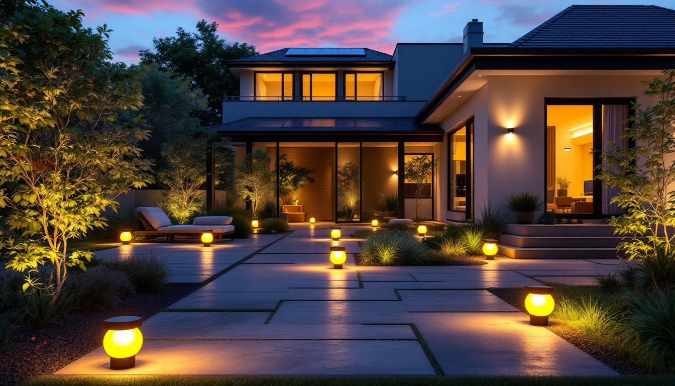 A photograph of a beautifully designed outdoor space illuminated by vibrant