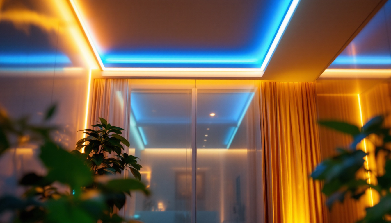 A photograph of a beautifully lit room showcasing led strip lighting along the ceiling