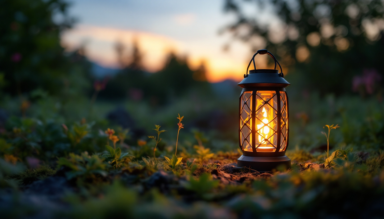 A photograph of a beautifully designed solar lantern in a natural outdoor setting during twilight