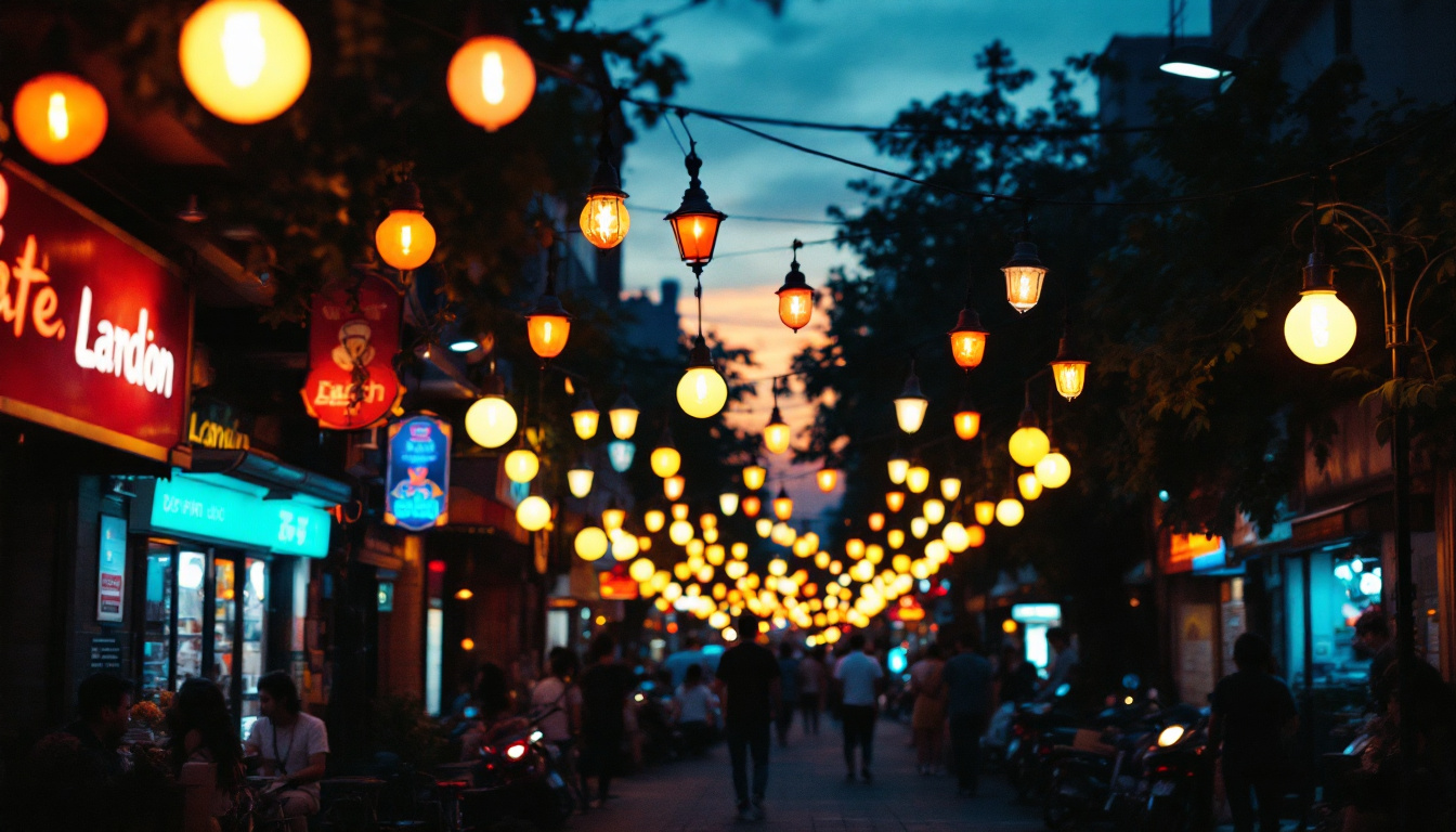 A photograph of a vibrant street scene illuminated by various types of street light bulbs at dusk