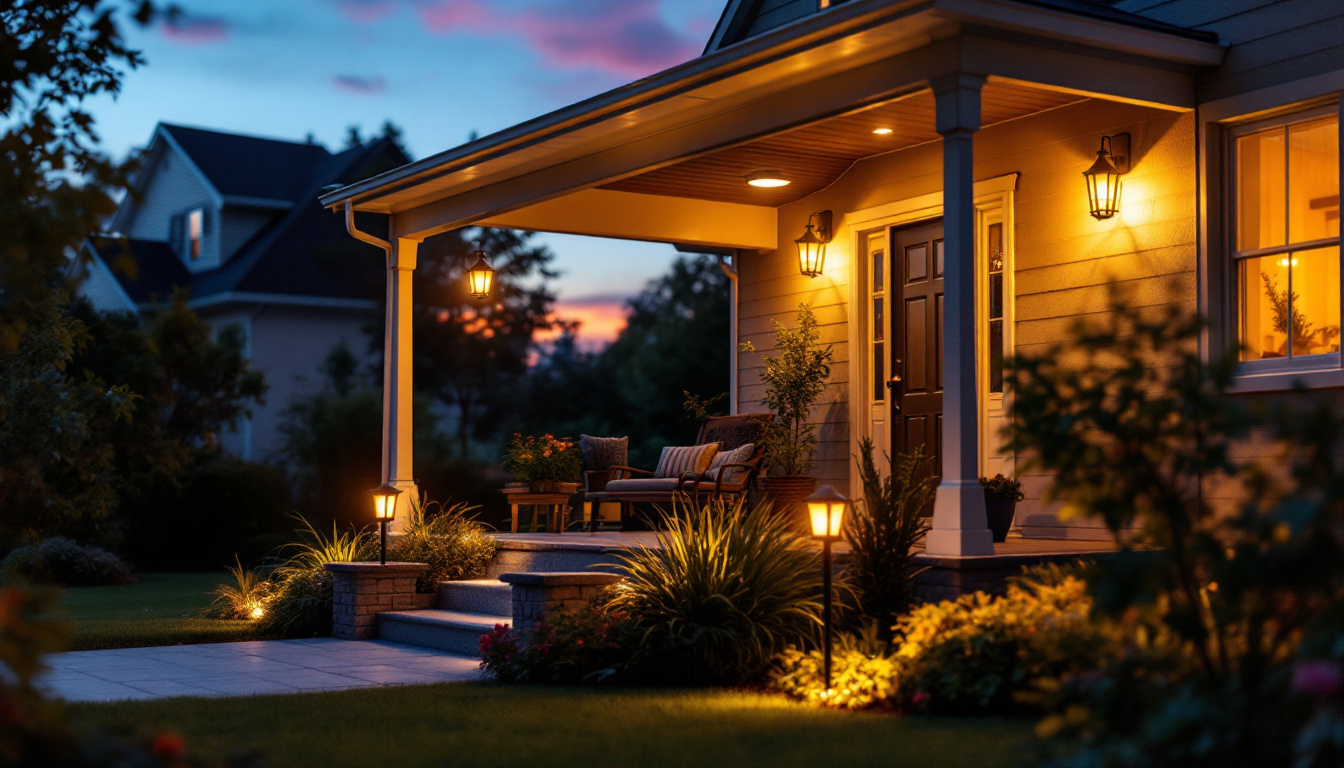 A photograph of a beautifully lit porch at dusk