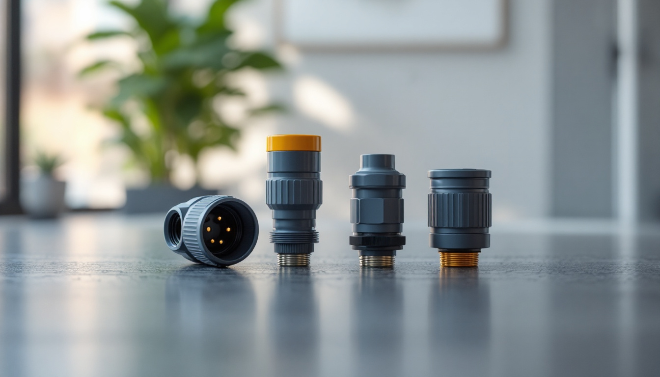 A photograph of a close-up shot of various waterproof electrical connectors in a modern setting
