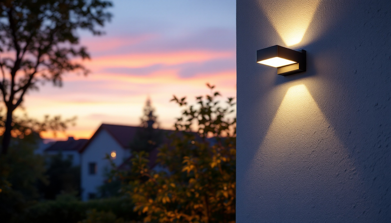 A photograph of a beautifully illuminated outdoor space featuring solar power wall mount lights installed on a residential or commercial building