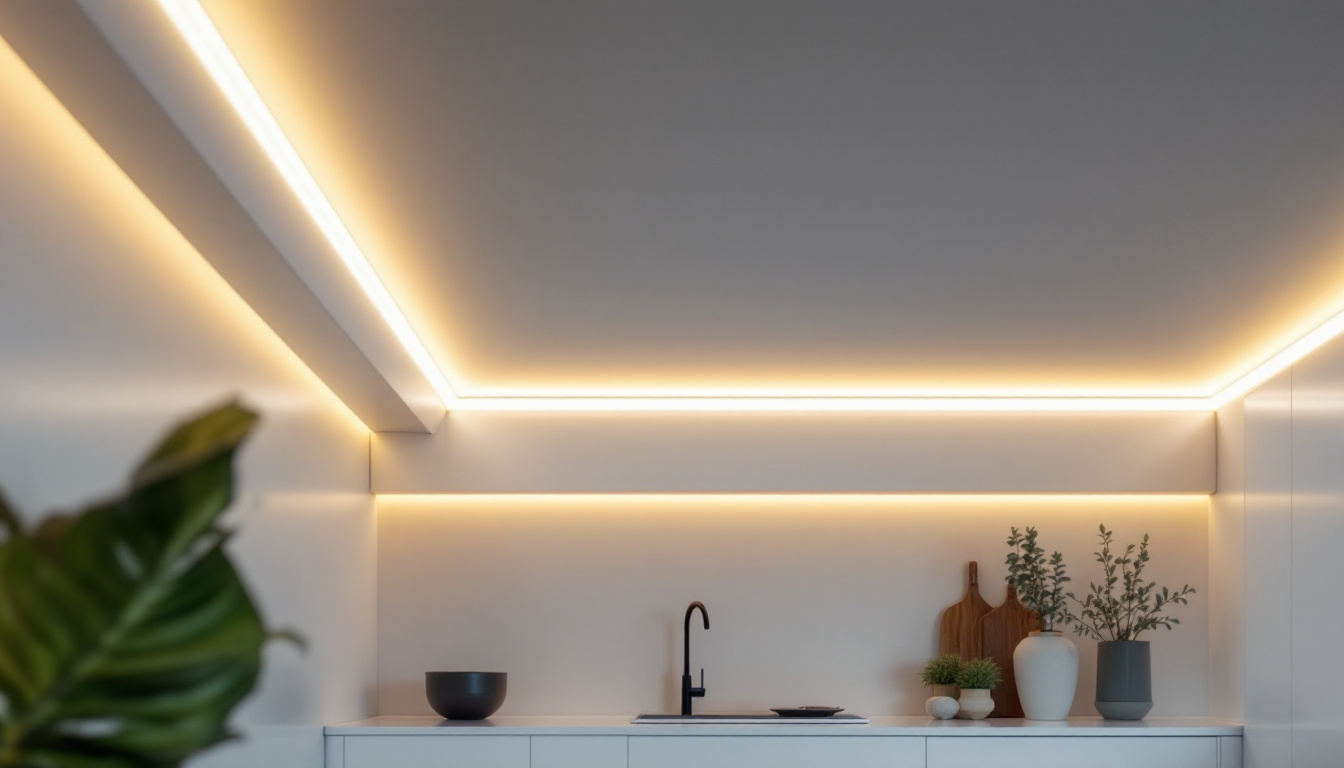 A photograph of capture a photograph of a well-lit residential or commercial space featuring 4 ft fluorescent light tape elegantly installed along the edges of the ceiling or under cabinetry