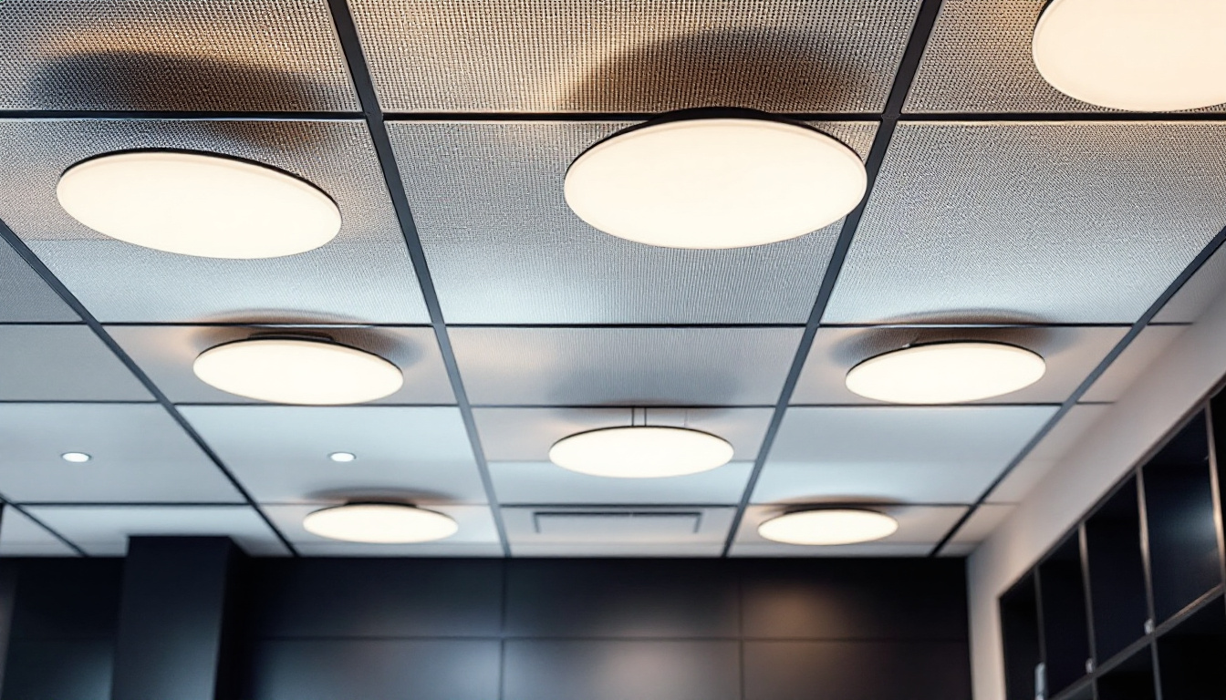 A photograph of a modern drop ceiling installation featuring stylish ceiling lights that enhance the aesthetic and functionality of the space