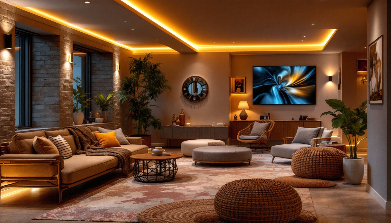 A photograph of a beautifully designed basement space featuring warm