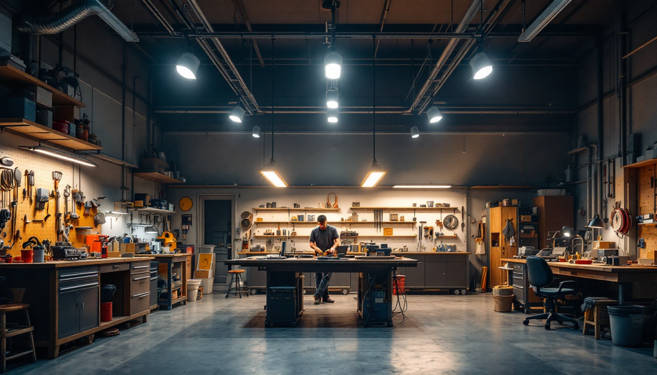 A photograph of a brightly lit workshop or garage featuring 8ft led shop lights in action