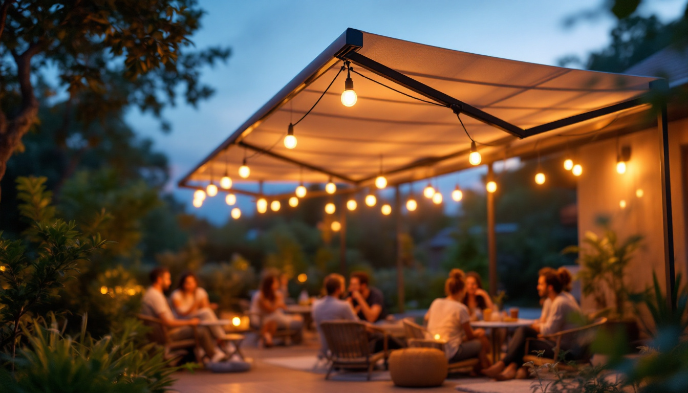 A photograph of a portable ceiling light awning in a cozy outdoor setting