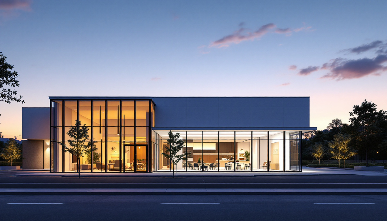 A photograph of a modern commercial space illuminated by innovative exterior lighting
