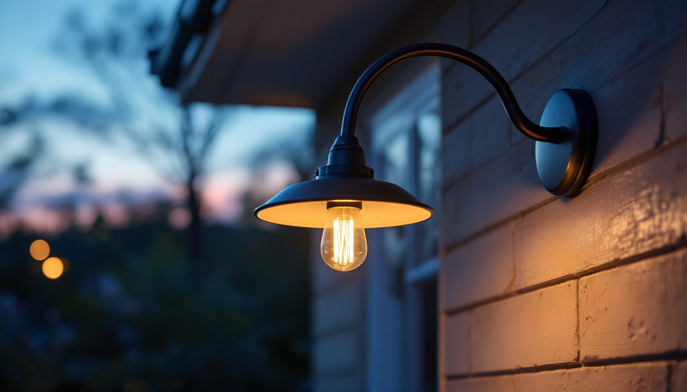 A photograph of a beautifully designed gooseneck outdoor light fixture illuminating a charming outdoor space