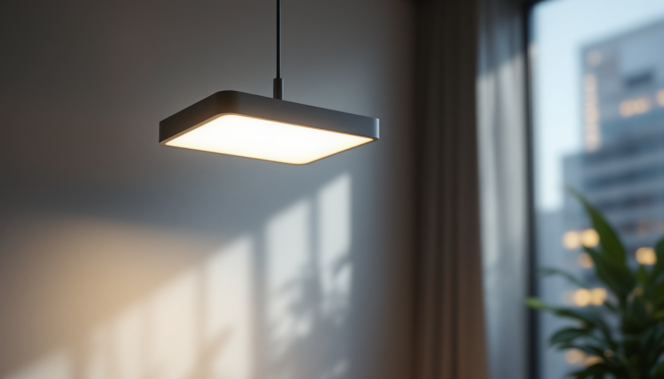 A photograph of a modern 2x4 light fixture installed in a stylish residential or commercial space