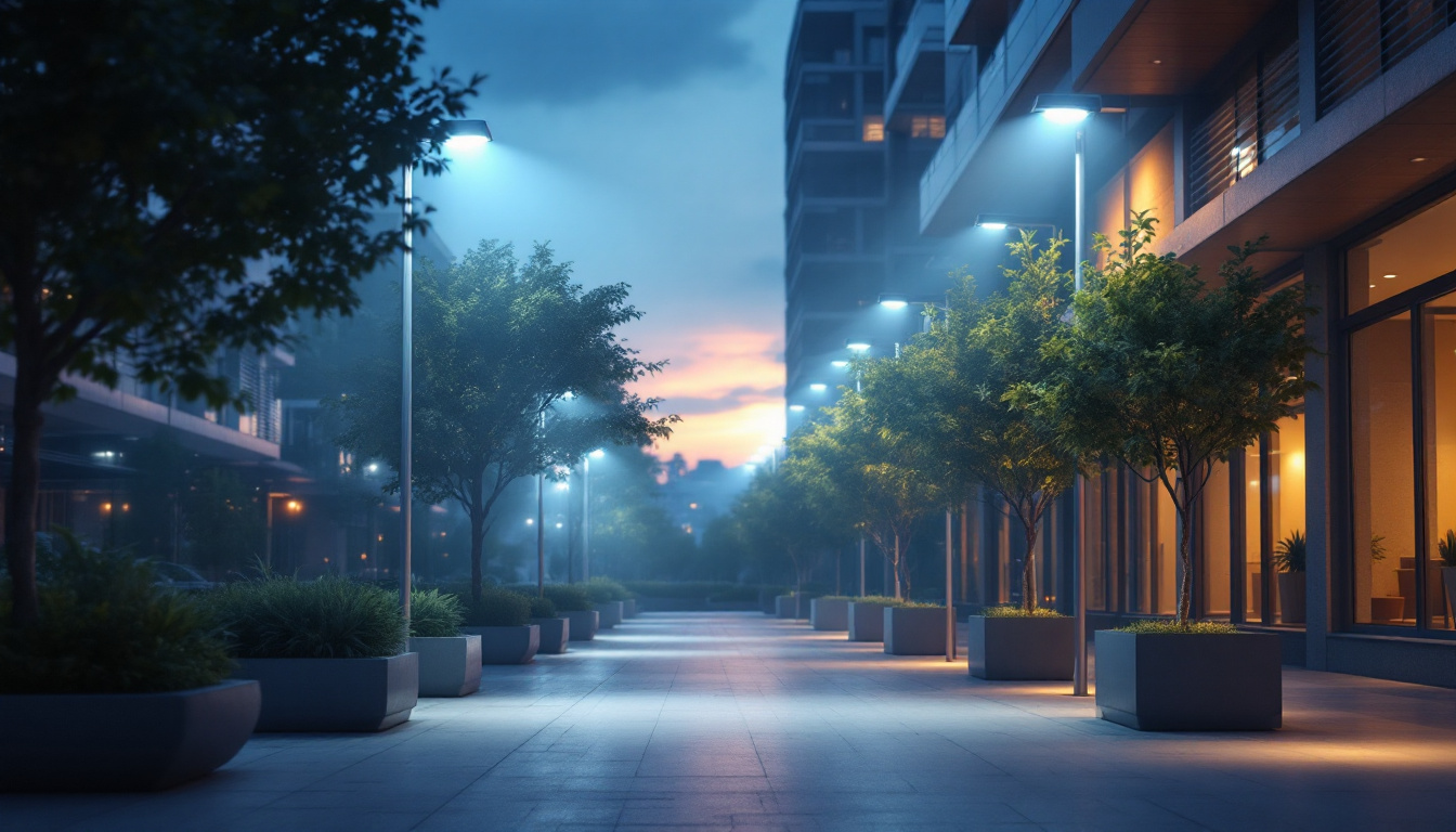 A photograph of a well-lit commercial outdoor space showcasing various led light fixtures in use