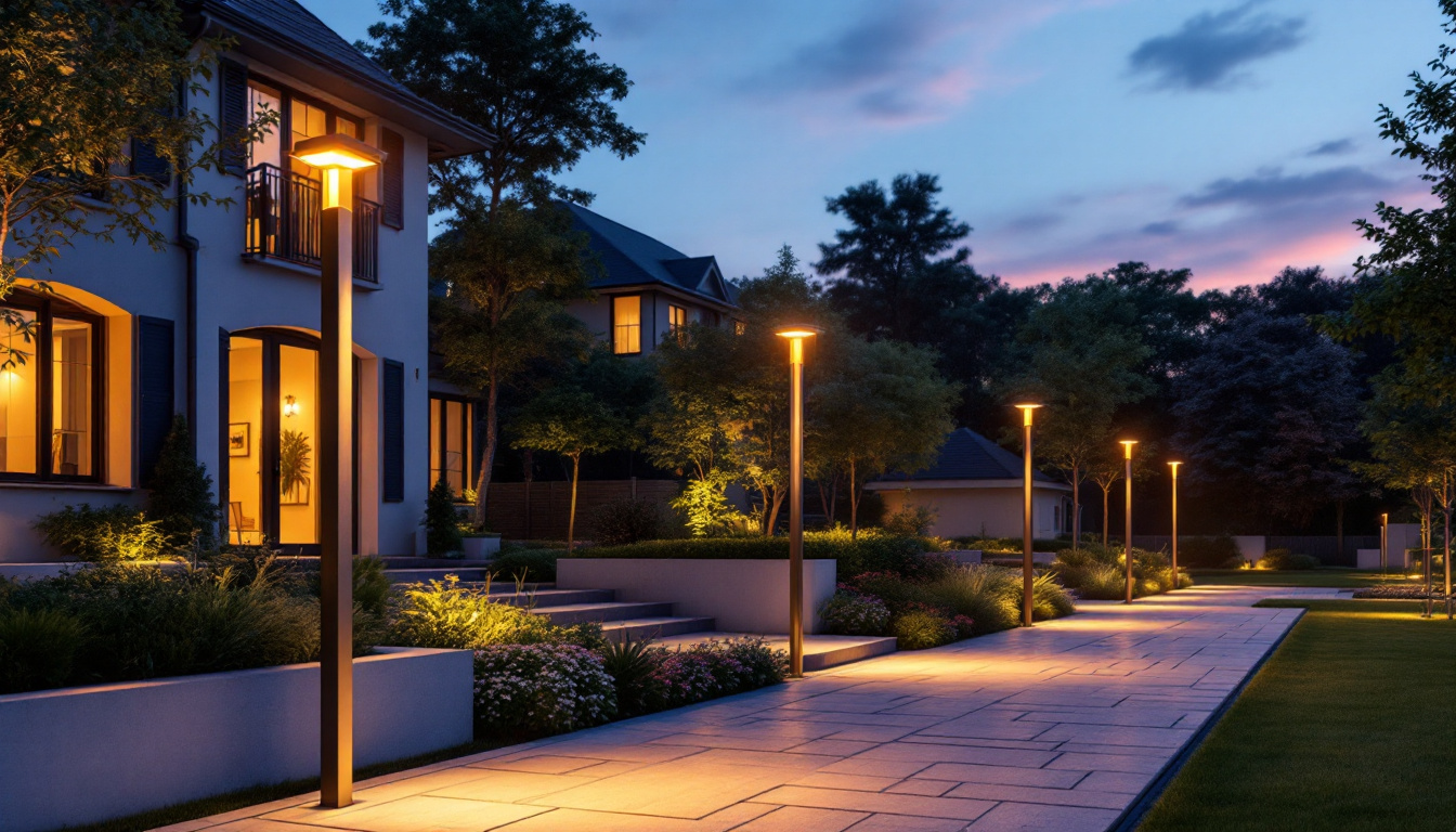 A photograph of a beautifully illuminated outdoor space featuring extra large post lights