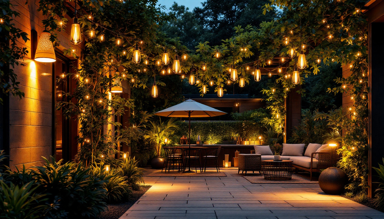A photograph of a beautifully illuminated outdoor space featuring a variety of stylish light fixtures in use
