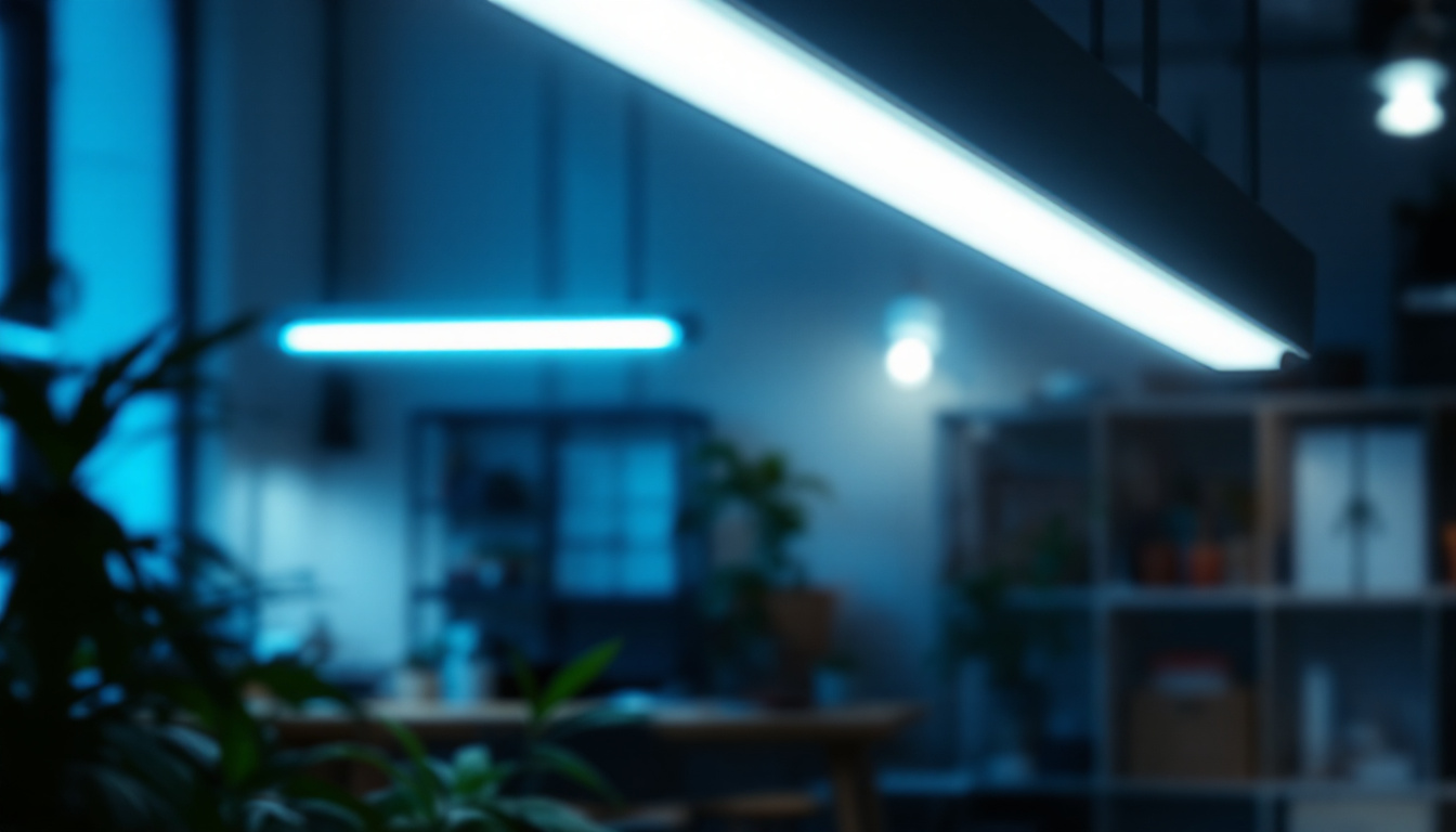 A photograph of a well-lit room featuring 4-foot fluorescent light bulbs in use