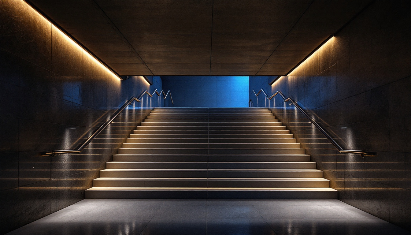 A photograph of a modern stairwell illuminated by innovative lighting designs