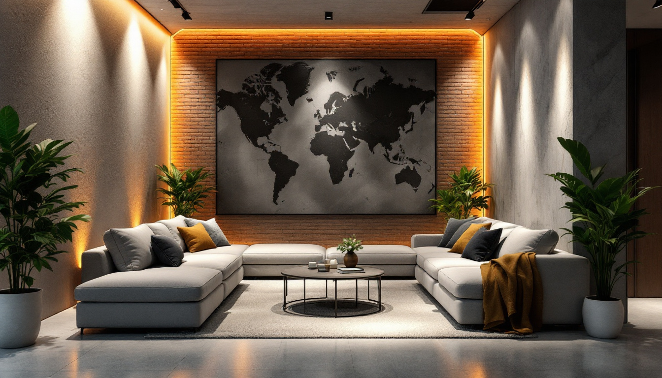 A photograph of a stylishly designed basement space featuring innovative lighting solutions that highlight the unique features of the room