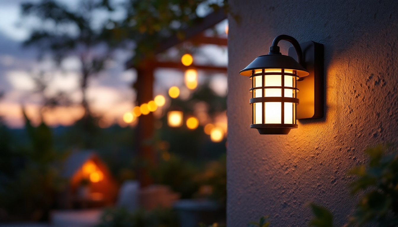 A photograph of a beautifully designed solar wall lantern illuminating a cozy outdoor space at dusk
