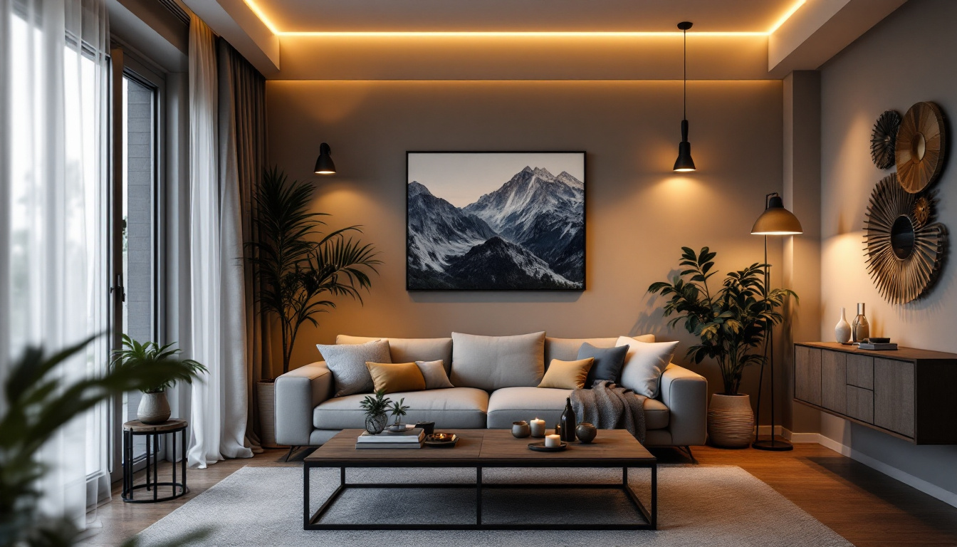 A photograph of a beautifully lit living room showcasing a variety of stylish light fixtures