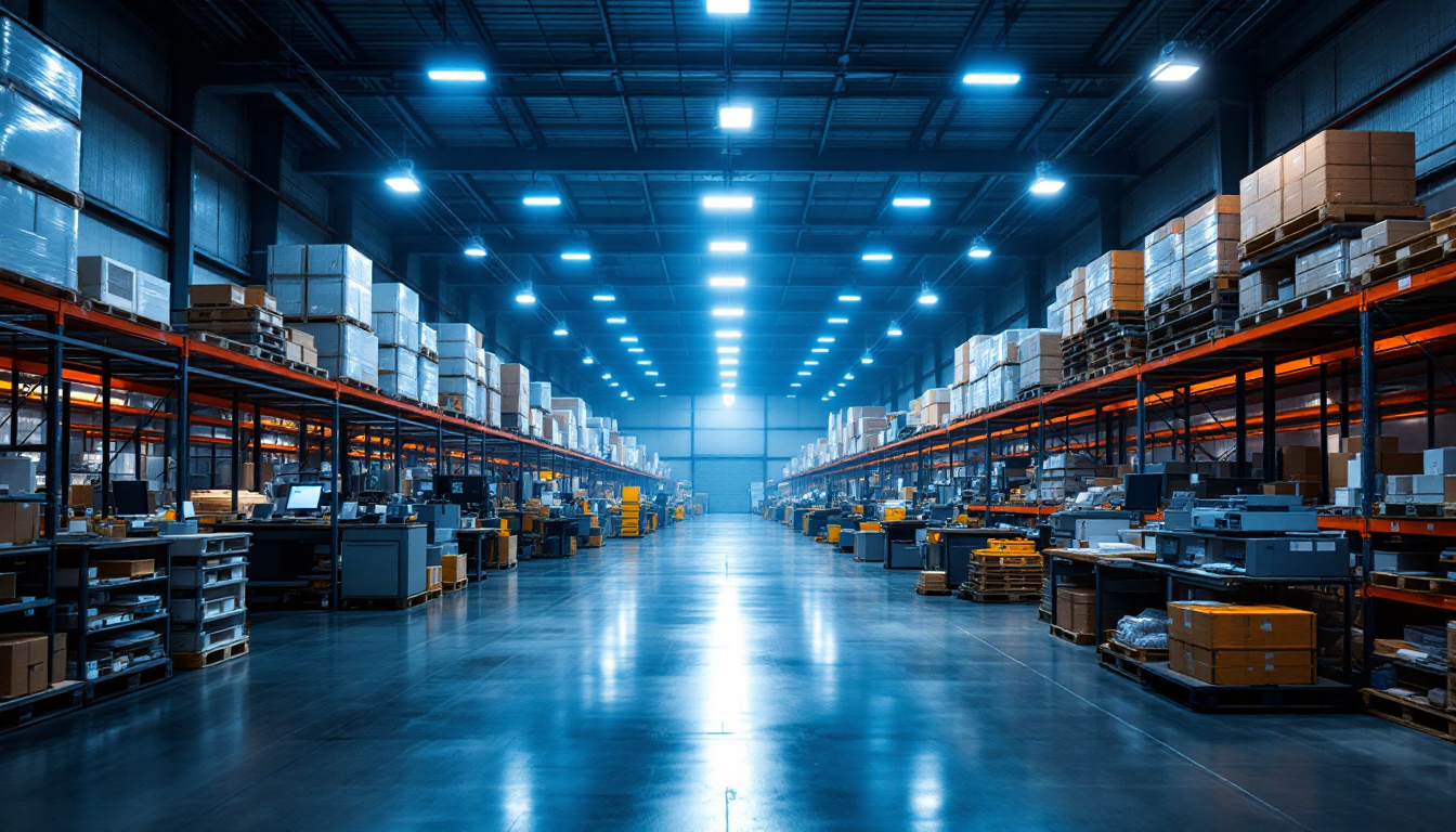 A photograph of a well-organized warehouse illuminated by various types of led lights