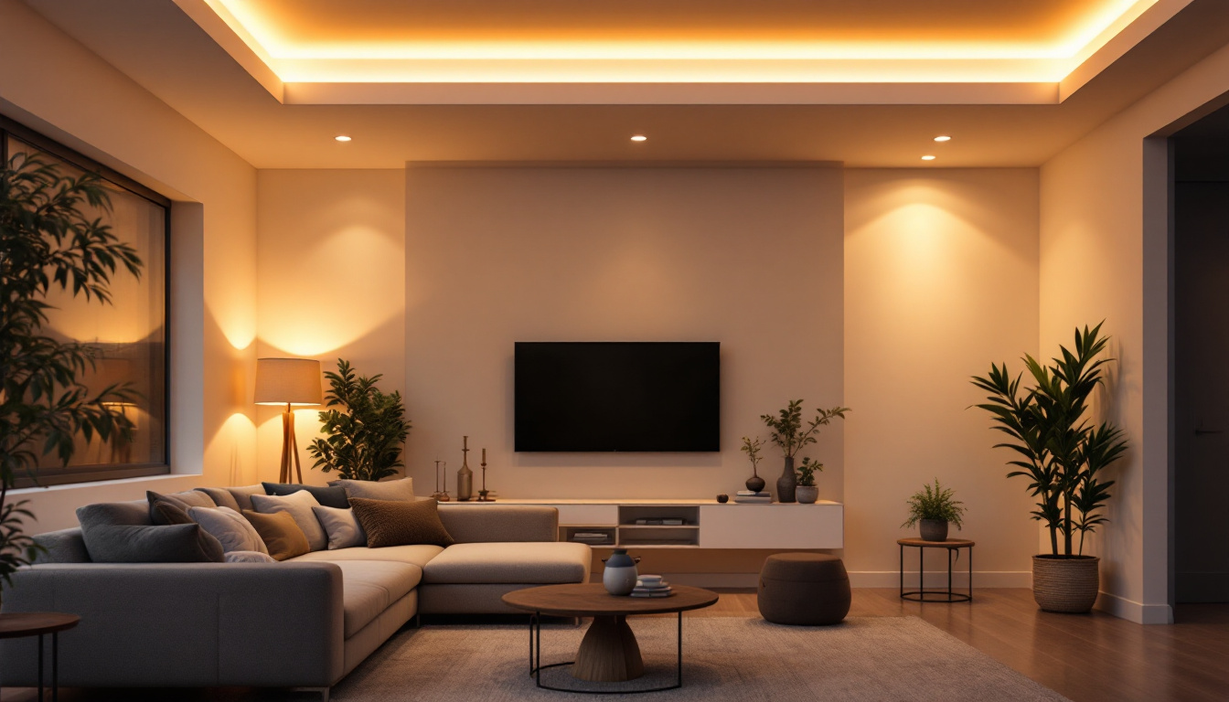 A photograph of a beautifully designed living space featuring recessed ceiling can lights