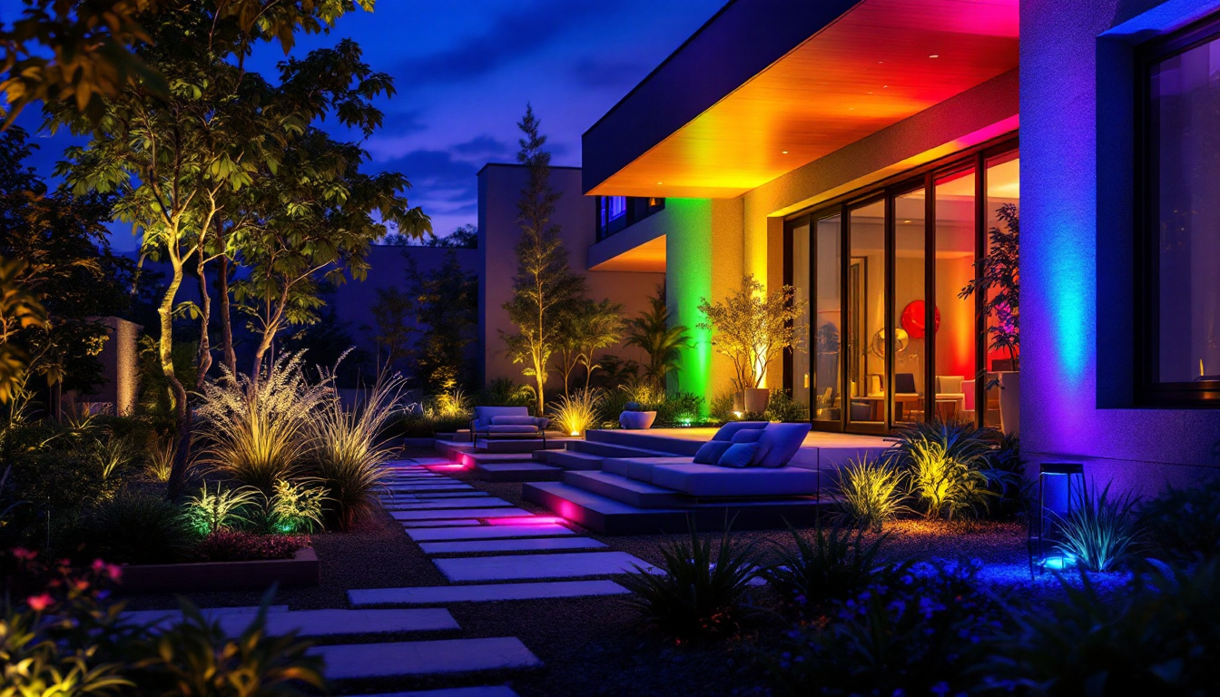 A photograph of a beautifully landscaped outdoor space illuminated by vibrant multi-color flood lights at dusk